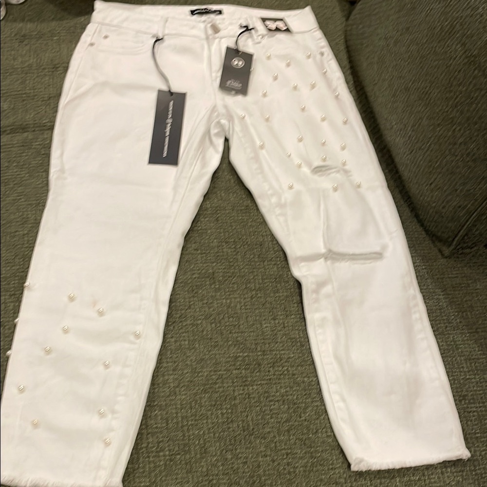 Ashley Mason White Pearl Embellished Women Jeans (sz 11)